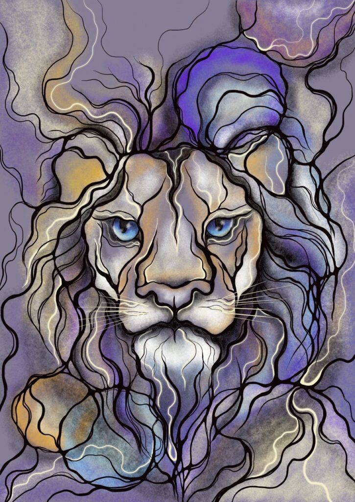 Blue-Eyed Abstract Lion Metal Poster 1 Blue-Eyed Abstract Lion Metal Poster Blue Eyed Abstract Lion with Vibrant Geometric Accents