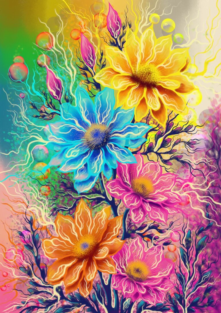 Floral Symphony Digital Artwork Floral Symphony Abstract Nature Inspired Digital Artwork with Glowing Accents